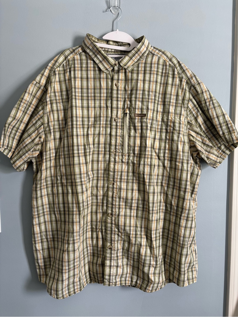 Columbia Short Sleeve Plaid Button-Down Shirt - Beige, Green